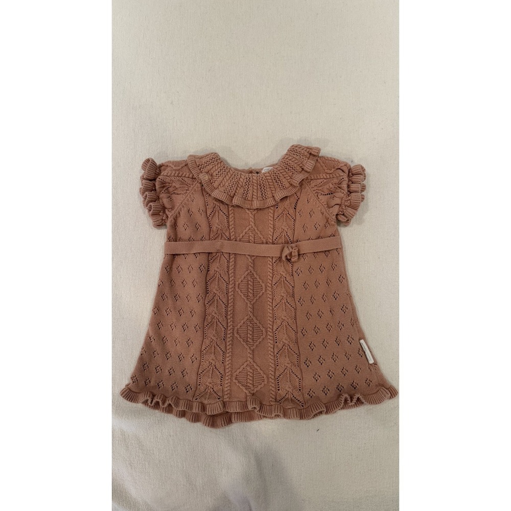 Nasledniki Dress Baby Girls 9-12 Months Pink Knit Sweater Ruffle Collar Belted